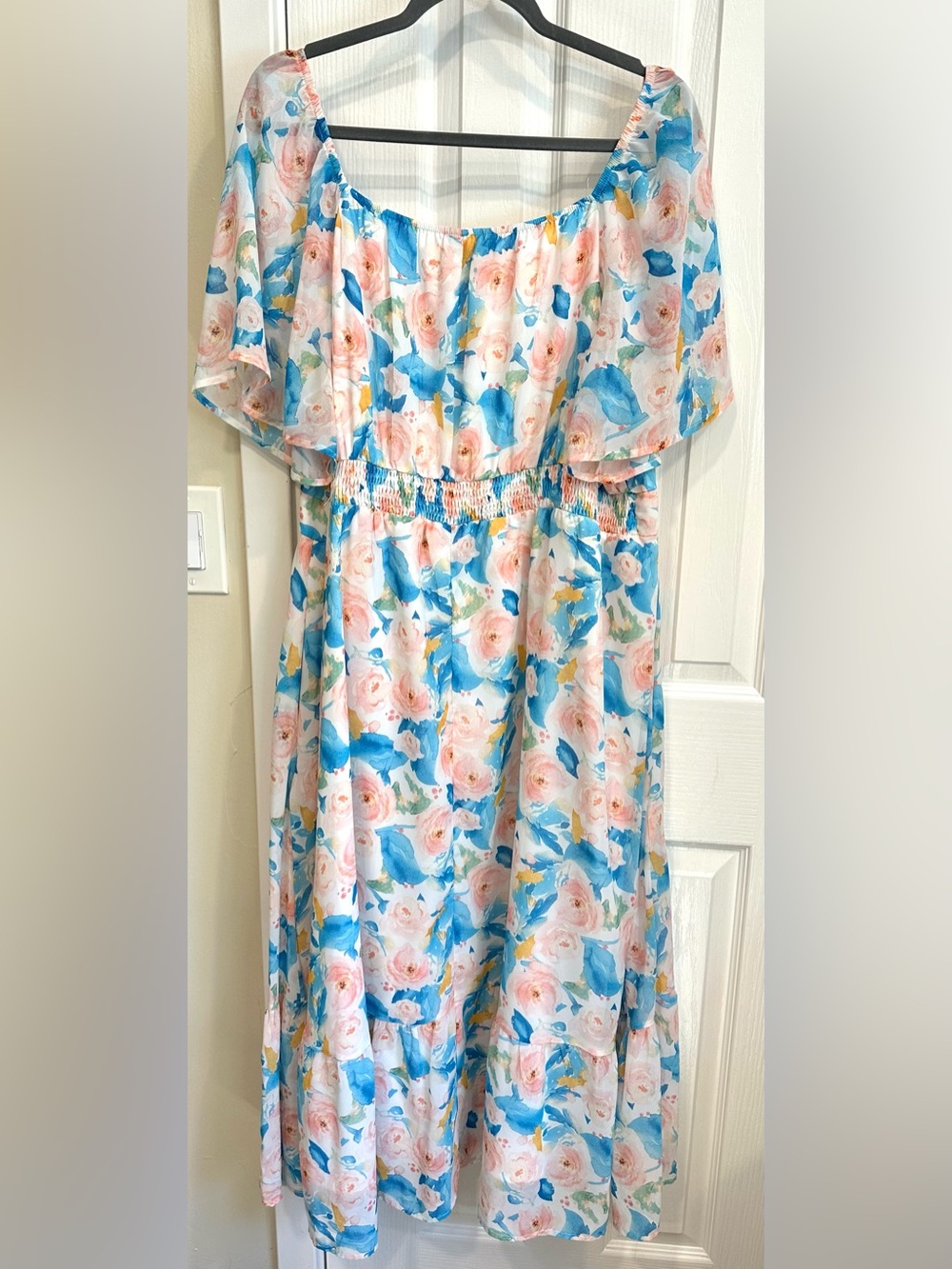 BloomChic Watercolor Floral Midi Dress 2X | Blue Pink Flutter Sleeve Cottagecore - Picture 5 of 8